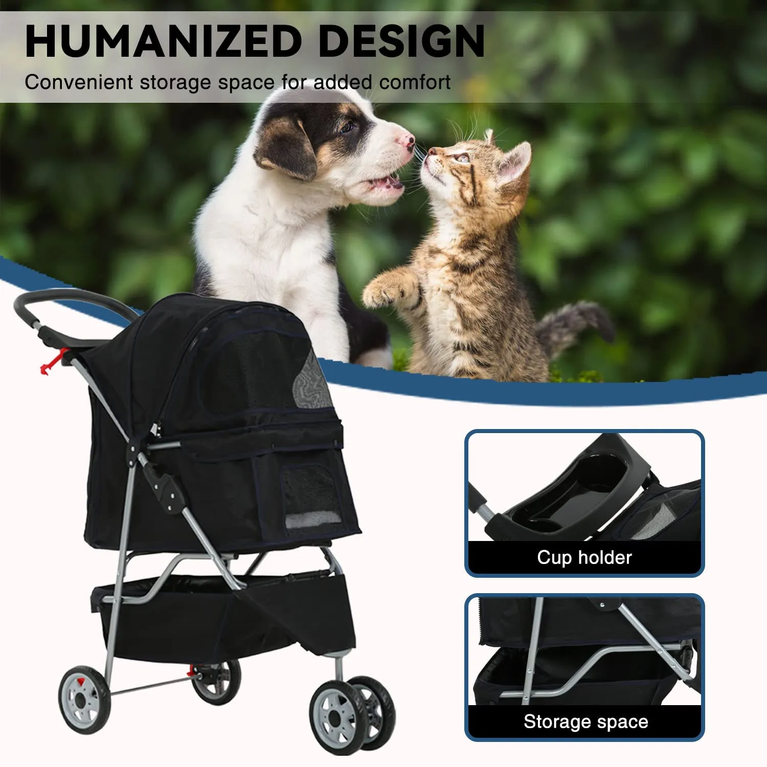 Pet Jogger Stroller, 3-Wheel Folding Carrier for Small Dogs & Medium Pets, Waterproof with Cup Holder & Removable Liner (Black)