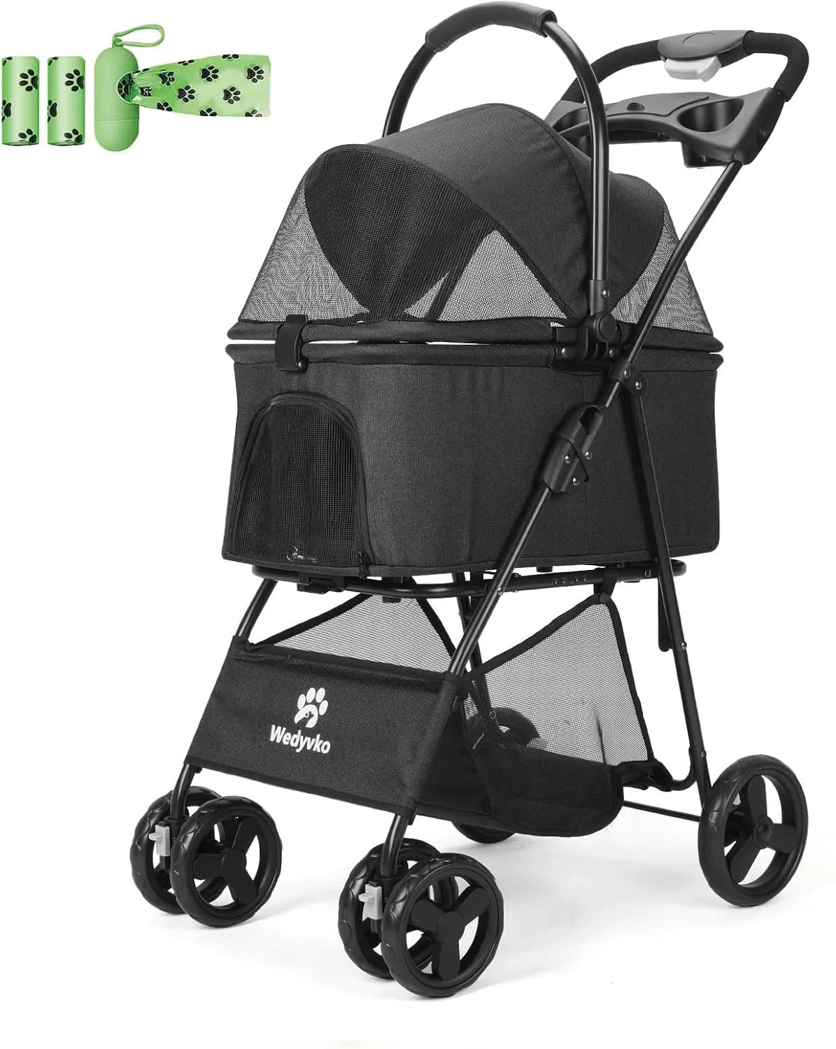 Pet Stroller, 4 Wheels Pet Strolling Cart for Medium/Small Dogs and Cats, Foldable Cat Jogger/Dog Stroller with Cup Holder, Storage Basket, Breathable Mesh, All-Season Pet Carrier (Black)
