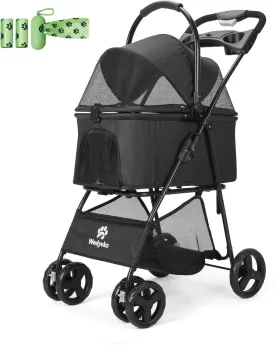 Pet Stroller, 4 Wheels Pet Strolling Cart for Medium/Small Dogs and Cats, Foldable Cat Jogger/Dog Stroller with Cup Holder, Storage Basket, Breathable Mesh, All-Season Pet Carrier (Black)