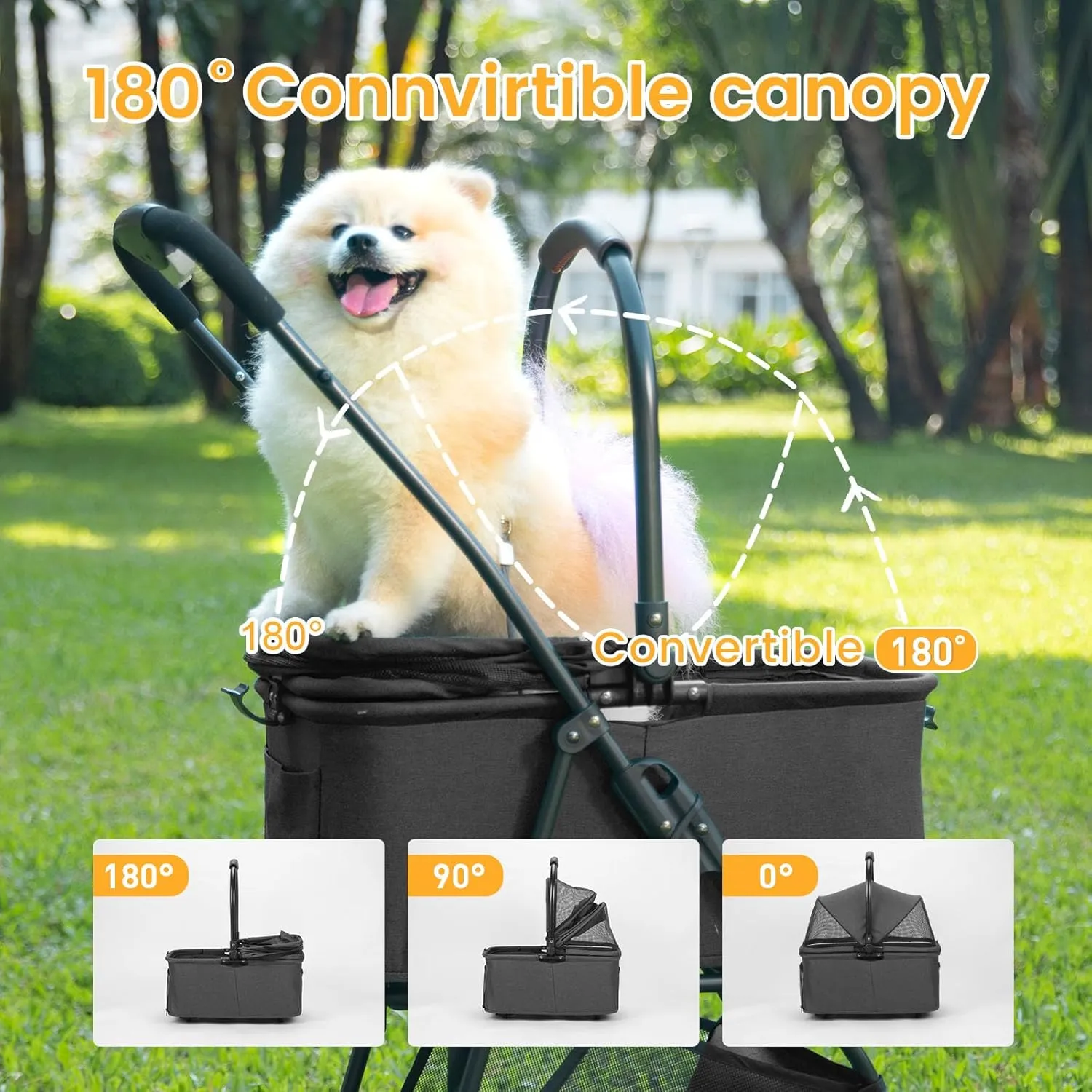 Pet Stroller, 4 Wheels Pet Strolling Cart for Medium/Small Dogs and Cats, Foldable Cat Jogger/Dog Stroller with Cup Holder, Storage Basket, Breathable Mesh, All-Season Pet Carrier (Black)