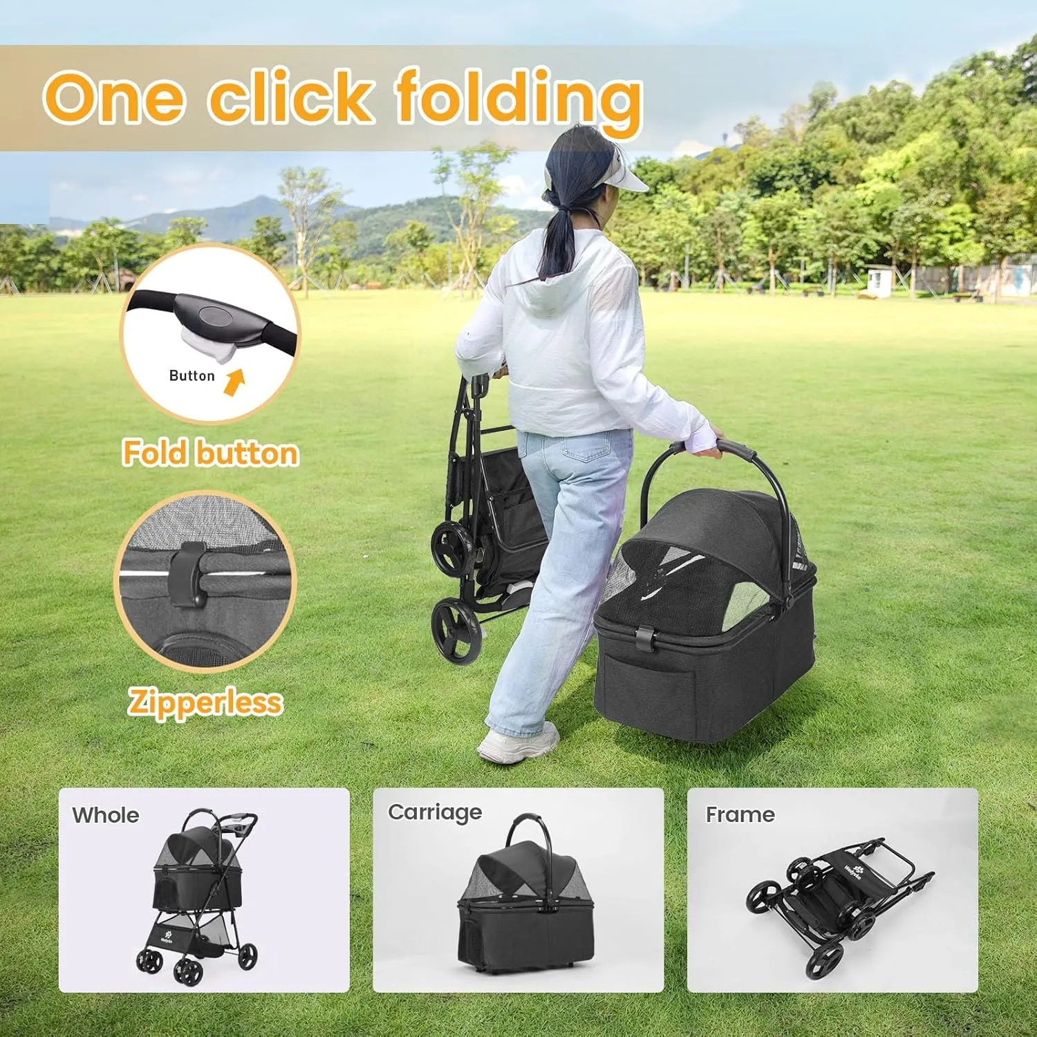 Pet Stroller, 4 Wheels Pet Strolling Cart for Medium/Small Dogs and Cats, Foldable Cat Jogger/Dog Stroller with Cup Holder, Storage Basket, Breathable Mesh, All-Season Pet Carrier (Black)
