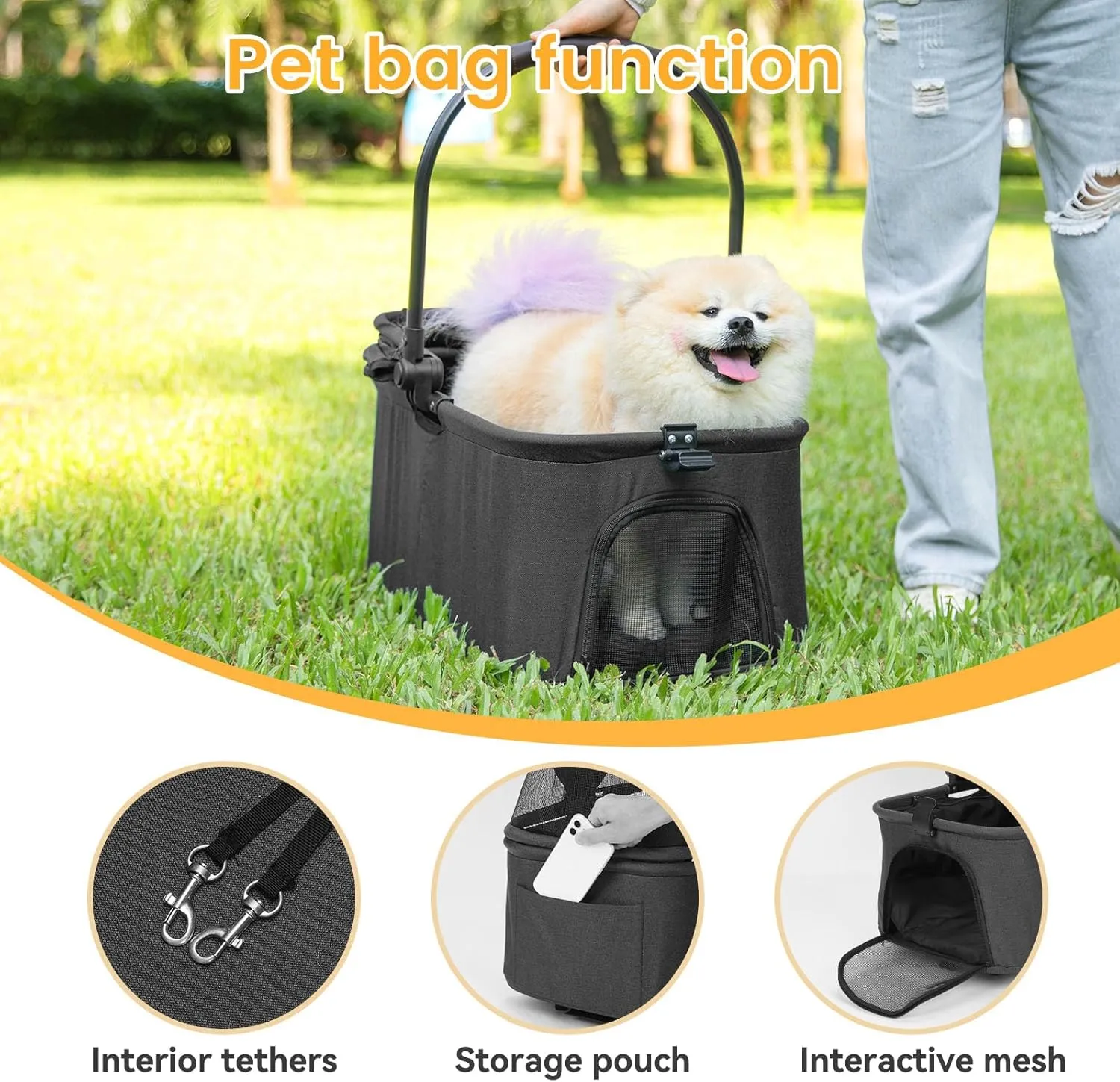 Pet Stroller, 4 Wheels Pet Strolling Cart for Medium/Small Dogs and Cats, Foldable Cat Jogger/Dog Stroller with Cup Holder, Storage Basket, Breathable Mesh, All-Season Pet Carrier (Black)