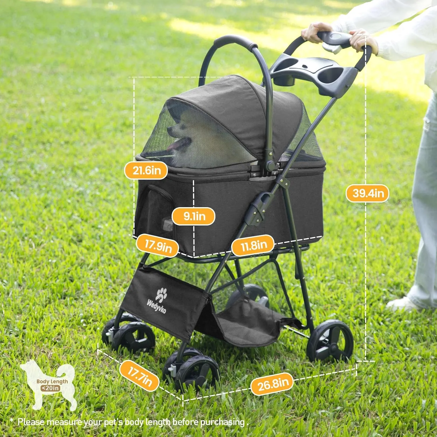 Pet Stroller, 4 Wheels Pet Strolling Cart for Medium/Small Dogs and Cats, Foldable Cat Jogger/Dog Stroller with Cup Holder, Storage Basket, Breathable Mesh, All-Season Pet Carrier (Black)