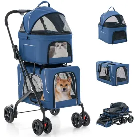 Pet Stroller with Detachable Pet Carriers, Foldable Cage for Small & Medium Pets, 4-in-1 Dog Stroller Cat Travel Car Seat for Doggy, Kitty, Bunny, Navy Blue