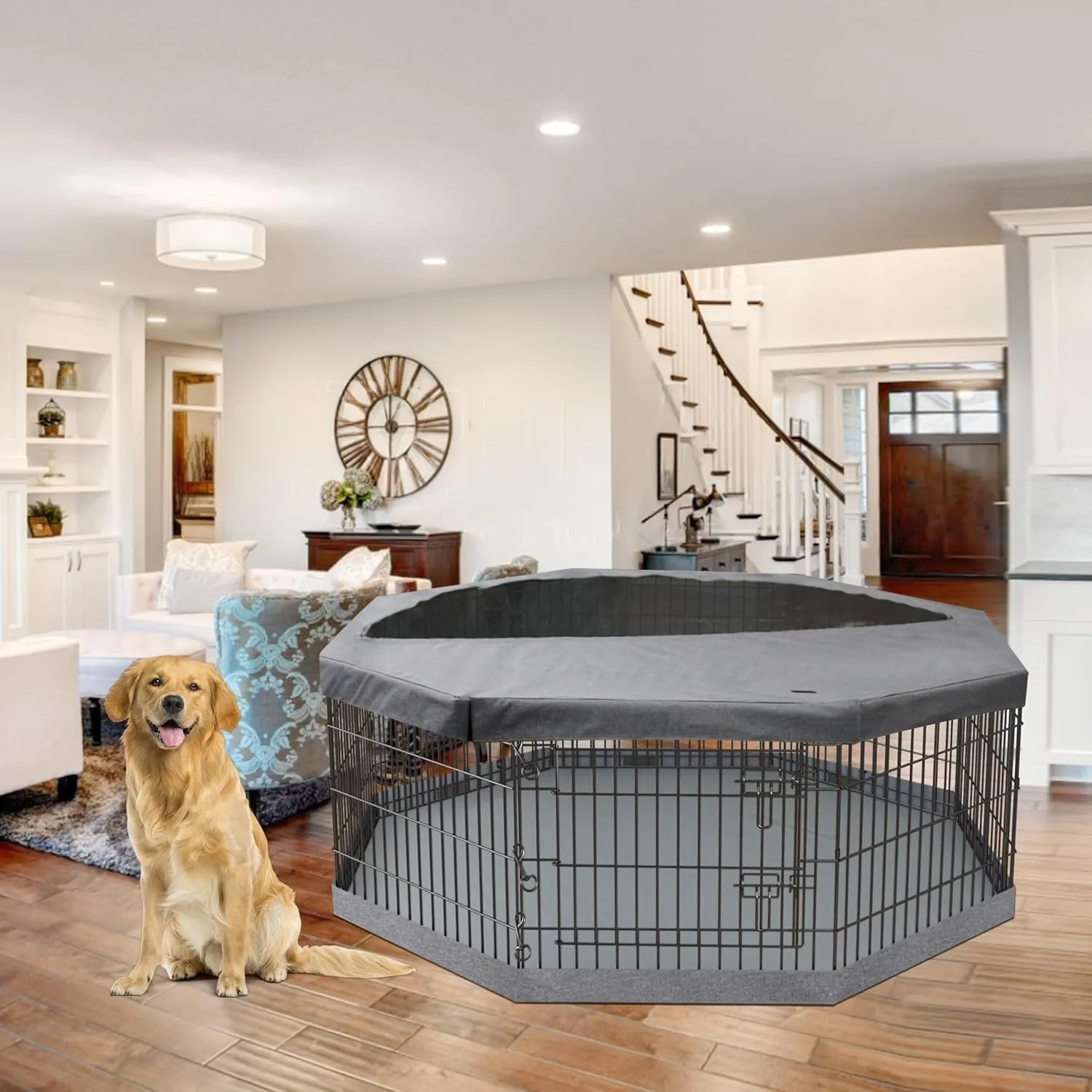 PETIME Foldable Metal Dog Exercise Pen/Pet Puppy Playpen Kennels Yard Fence Indoor/Outdoor 8 Panel 24" W with Top Cover and Bottom Pad (Playpen Bottom Top Cover, 8 Panels 24" H)