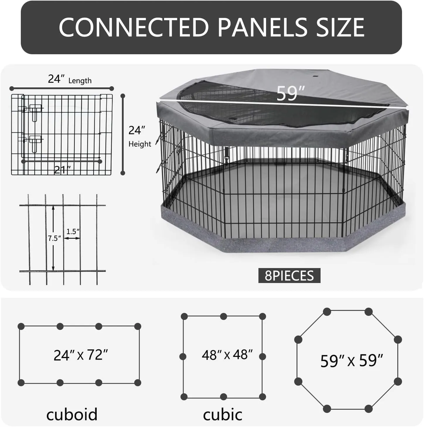 PETIME Foldable Metal Dog Exercise Pen/Pet Puppy Playpen Kennels Yard Fence Indoor/Outdoor 8 Panel 24" W with Top Cover and Bottom Pad (Playpen Bottom Top Cover, 8 Panels 24" H)