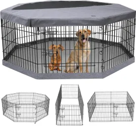 PETIME Foldable Metal Dog Exercise Pen/Pet Puppy Playpen Kennels Yard Fence Indoor/Outdoor 8 Panel 24" W with Top Cover and Bottom Pad (Playpen Bottom Top Cover, 8 Panels 24" H)