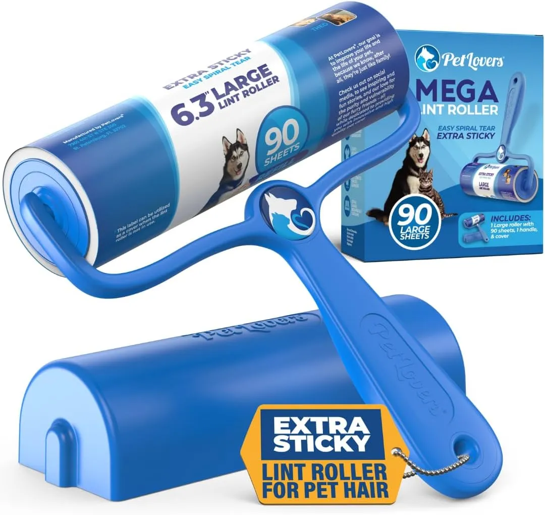 PetLovers 6.3" Large Lint Roller for Pet Hair Extra Sticky 360 Sheets, Ideal for Pet Hair Removal from Furniture & Clothes, Dog and Cat Lint Remover 4 Pack