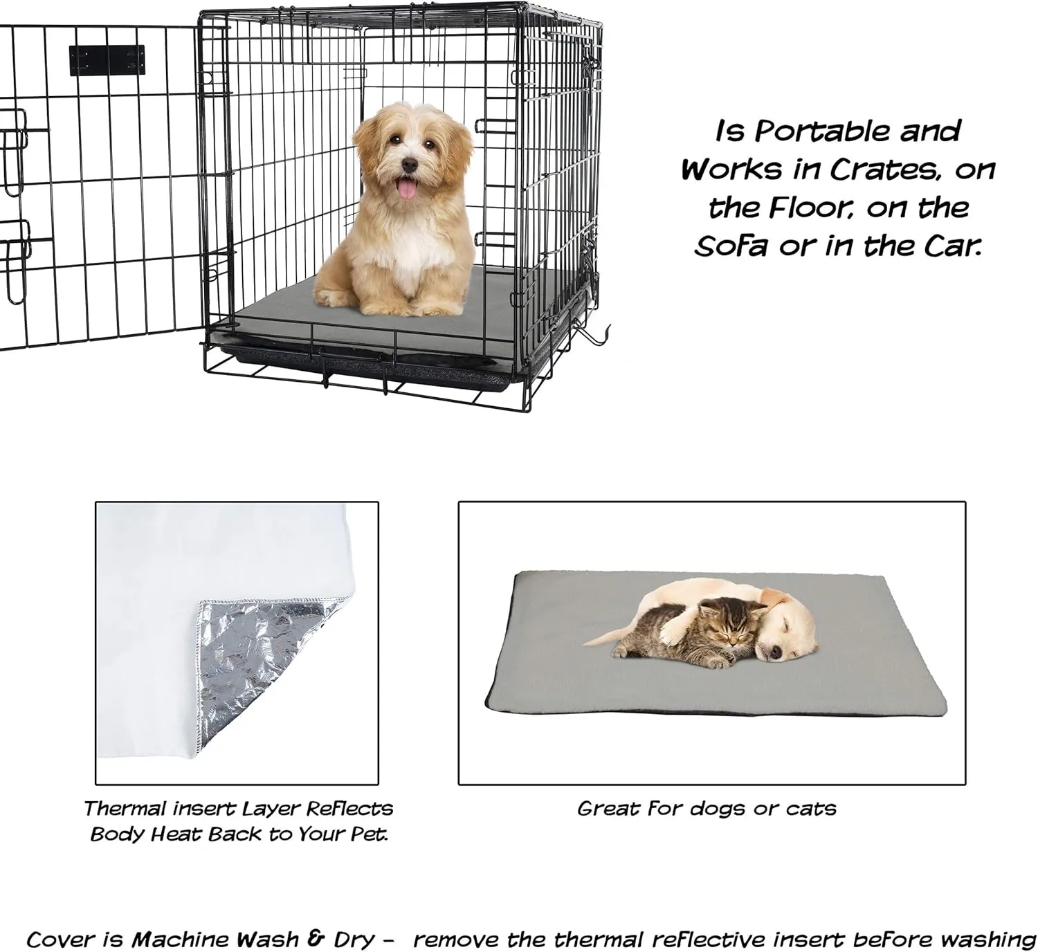 PETMAKER Self Warming Cat Mat - 36x24in Thermal Dog Crate Pad with Removable Washable Sherpa Cover and Reflective Insulation Layer for Self Heating - Pet Supplies for Medium Dogs and Cats (Gray)