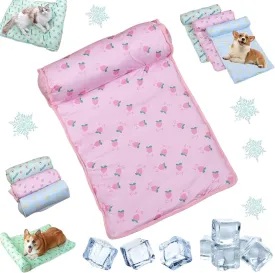 RJDJ Cats/Dogs Cooling Bed, Ice Silk Cool Pillow Cushion, Pet Ice Pad Mat, Pet Cooling Ice Mat, Washable Breathable Summer Pet Ice Mat Sleeping Pad with Pillow (Pink, 60 * 40cm)