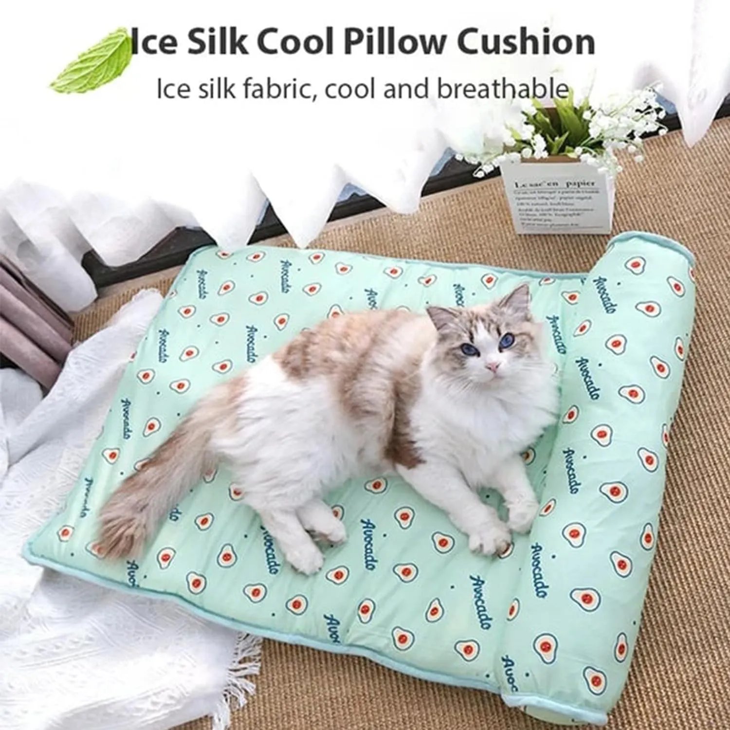 RJDJ Cats/Dogs Cooling Bed, Ice Silk Cool Pillow Cushion, Pet Ice Pad Mat, Pet Cooling Ice Mat, Washable Breathable Summer Pet Ice Mat Sleeping Pad with Pillow (Pink, 60 * 40cm)