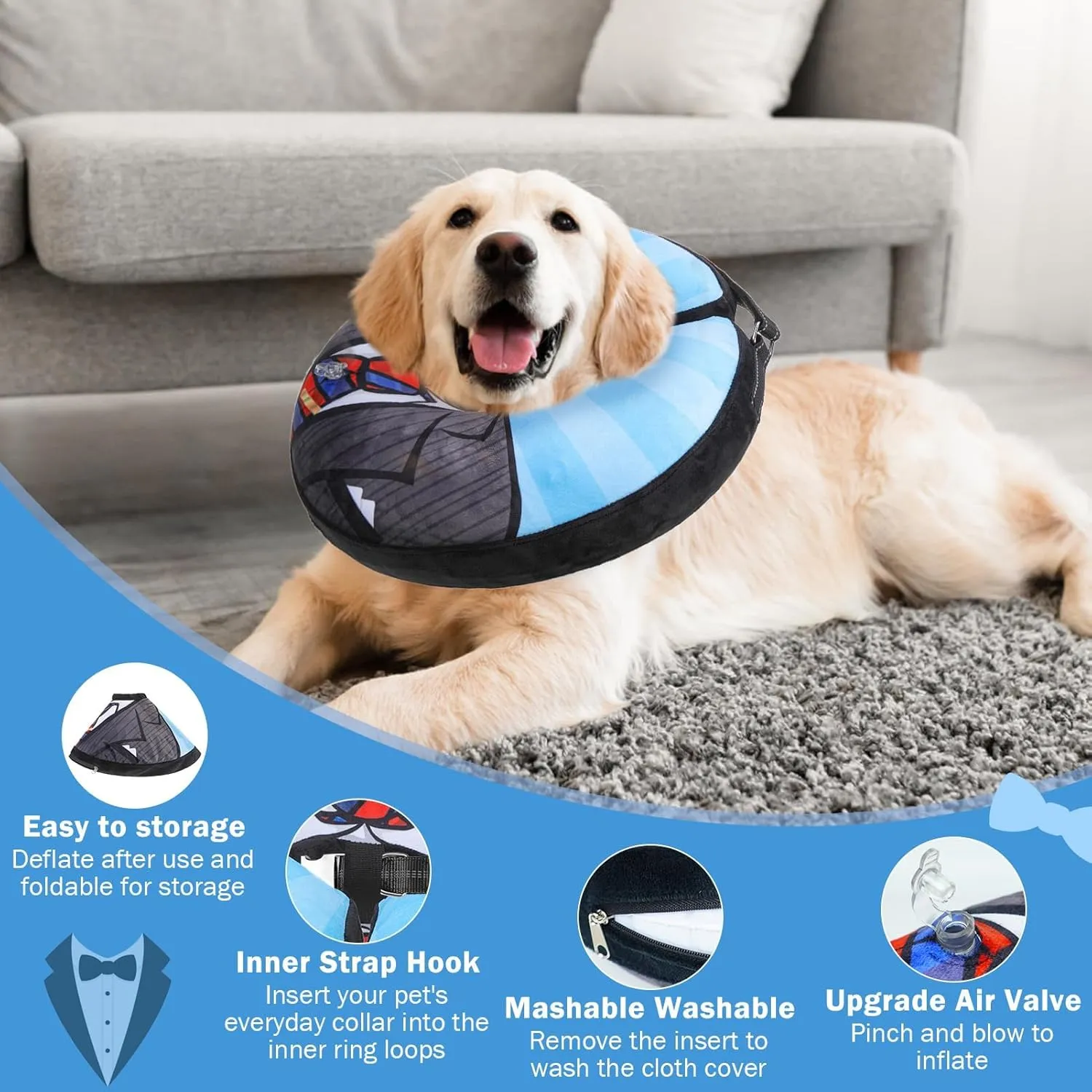 SCENEREAL Dog Cone Alternative After Surgery Donut Collar, Soft Pet Recovery Pillow Collar for Medium Large Dogs, Inflatable Adjustable Neck Collars to Prevent Licking, Black Suit Print E-Collars
