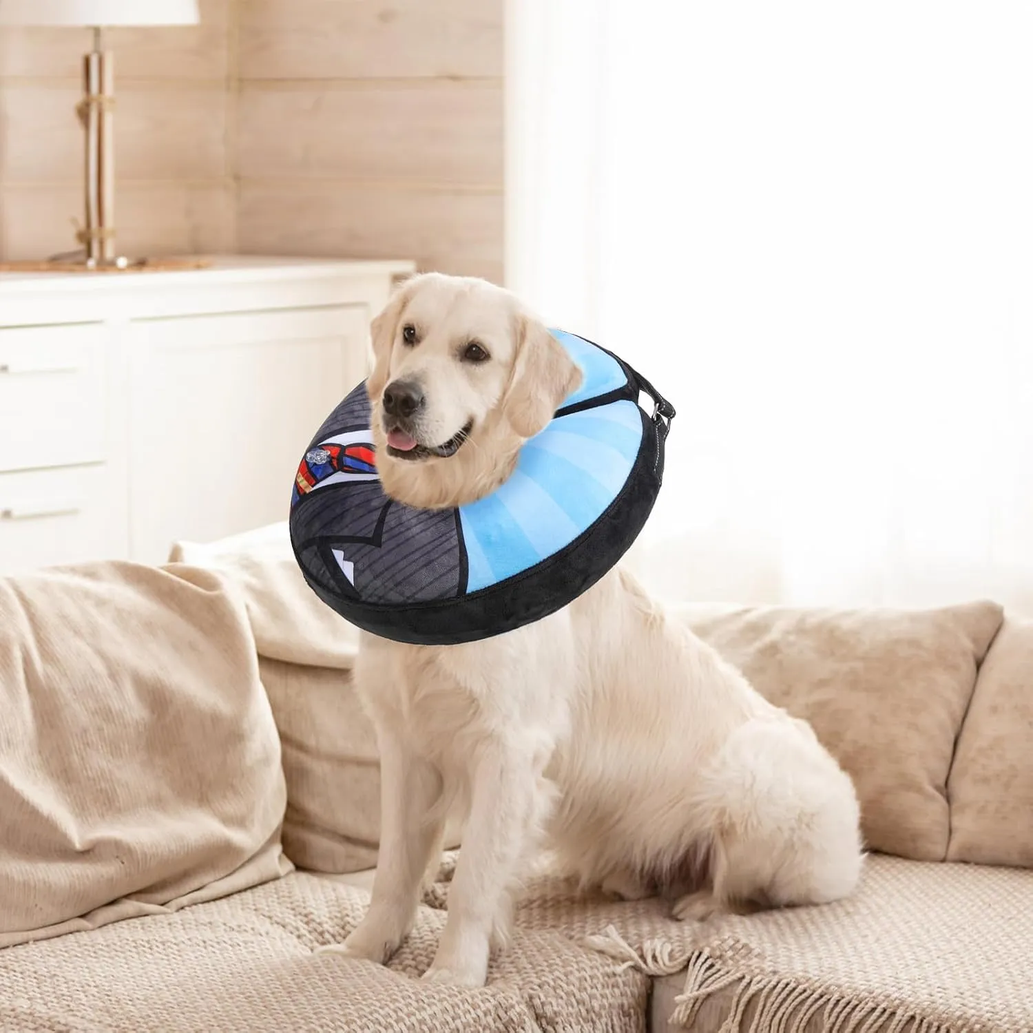 SCENEREAL Dog Cone Alternative After Surgery Donut Collar, Soft Pet Recovery Pillow Collar for Medium Large Dogs, Inflatable Adjustable Neck Collars to Prevent Licking, Black Suit Print E-Collars