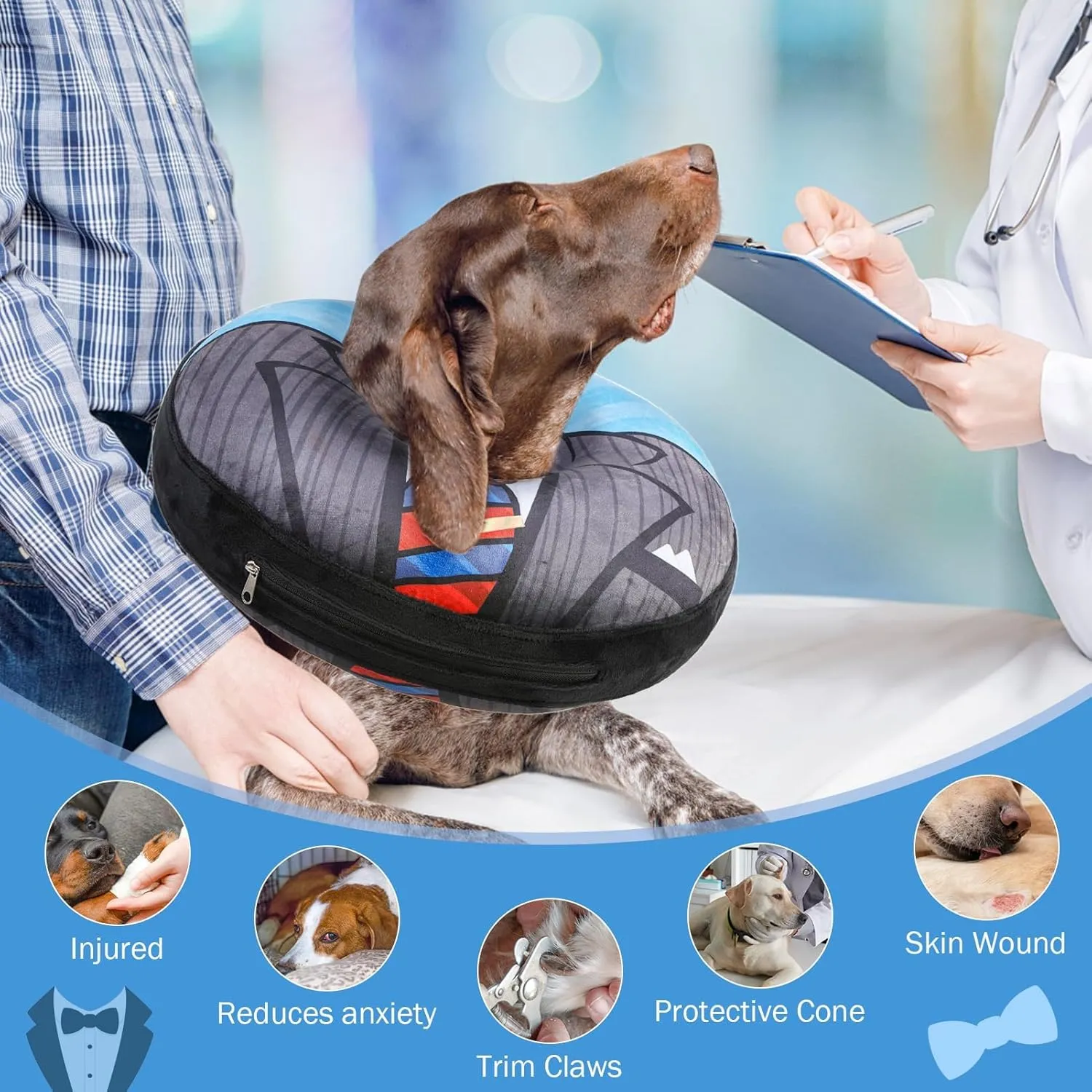 SCENEREAL Dog Cone Alternative After Surgery Donut Collar, Soft Pet Recovery Pillow Collar for Medium Large Dogs, Inflatable Adjustable Neck Collars to Prevent Licking, Black Suit Print E-Collars