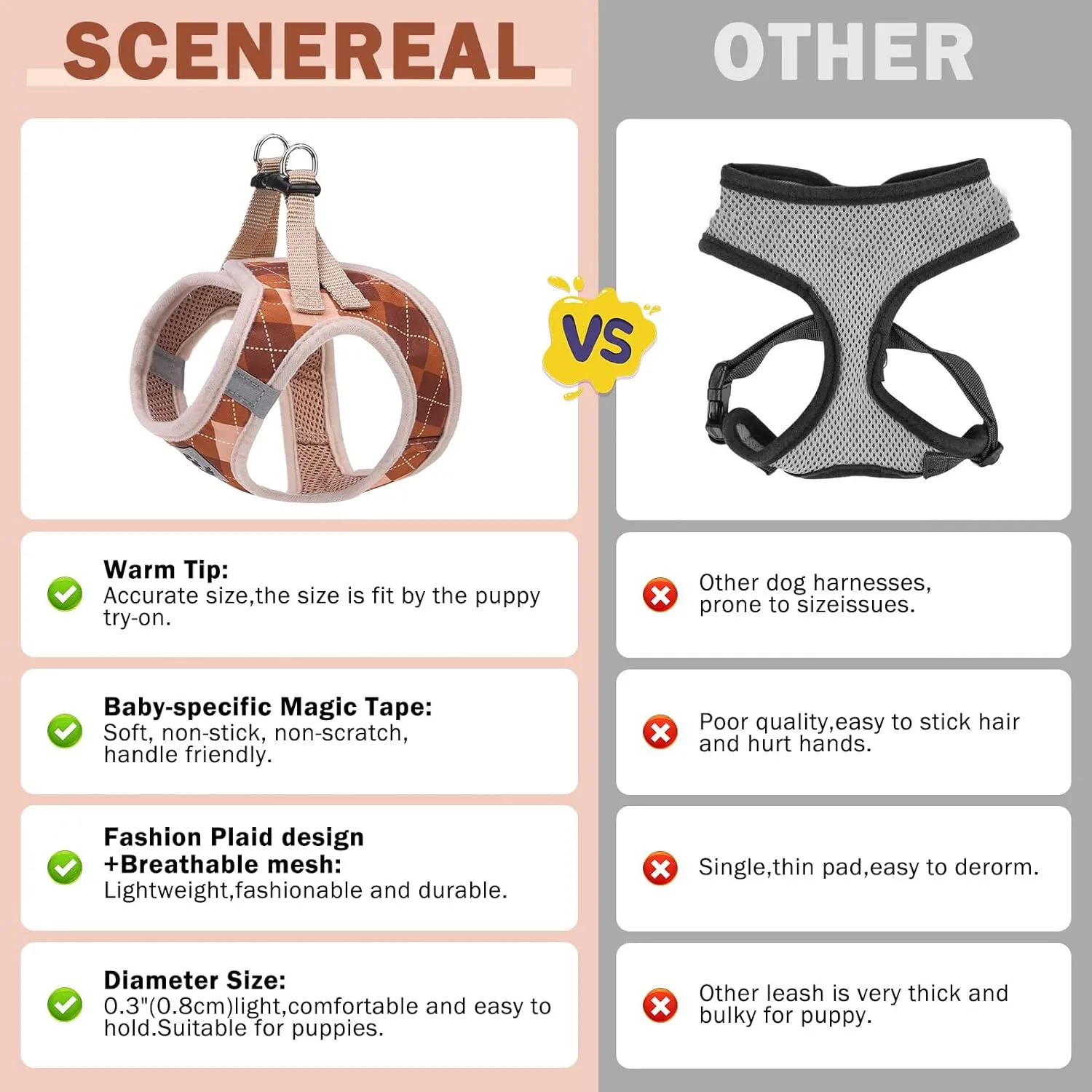 SCENEREAL Dog Harness Collar and Leash Set, Step-in No Pull Pet Vest Harnesses for Small Medium Dogs Puppy Cats, Soft Mesh No-Chock Reflective Vest Harness for Outdoor Walking Running, Brown Plaid M