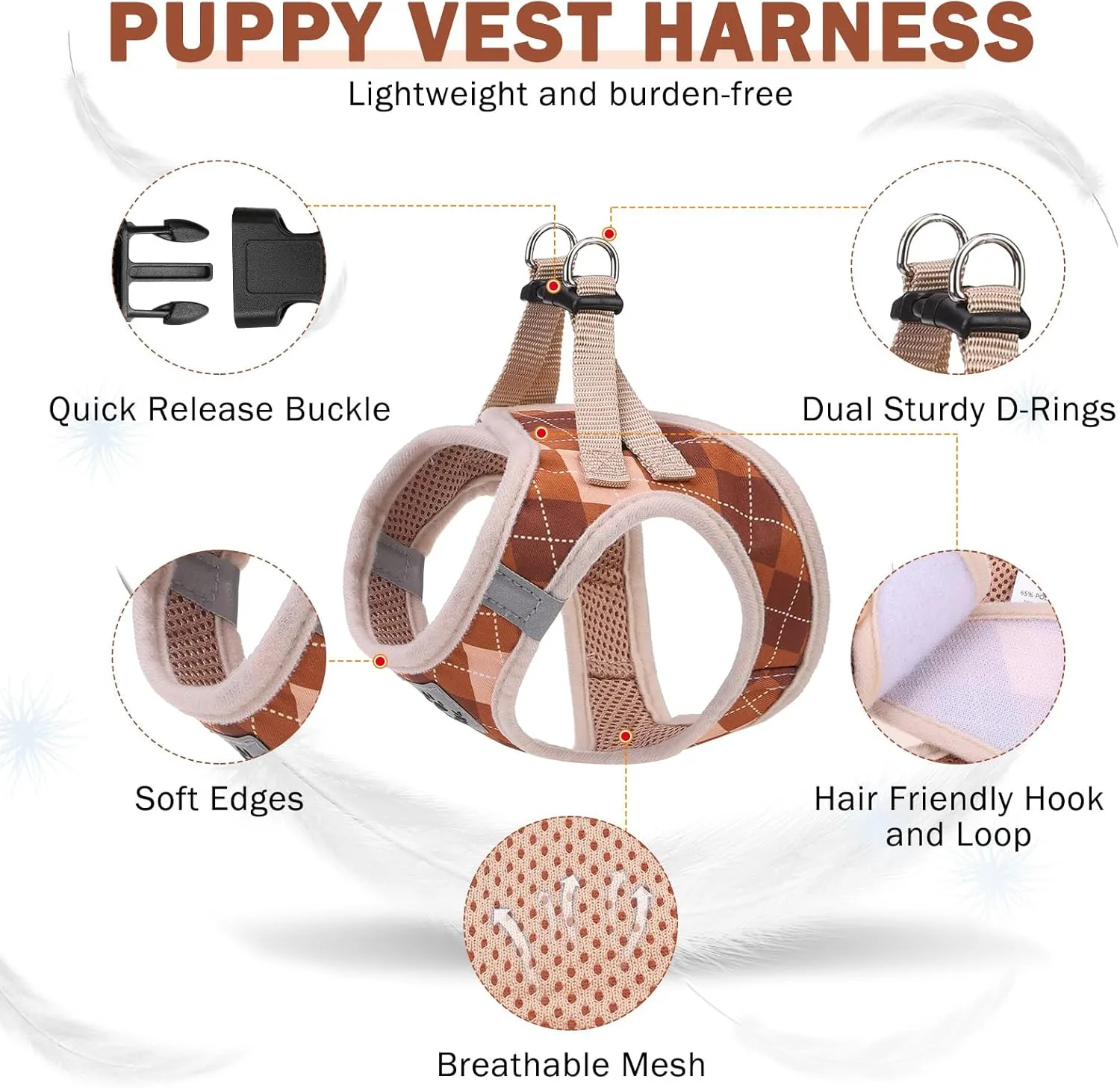 SCENEREAL Dog Harness Collar and Leash Set, Step-in No Pull Pet Vest Harnesses for Small Medium Dogs Puppy Cats, Soft Mesh No-Chock Reflective Vest Harness for Outdoor Walking Running, Brown Plaid M