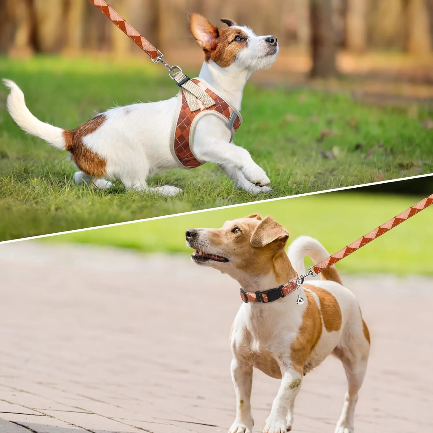 SCENEREAL Dog Harness Collar and Leash Set, Step-in No Pull Pet Vest Harnesses for Small Medium Dogs Puppy Cats, Soft Mesh No-Chock Reflective Vest Harness for Outdoor Walking Running, Brown Plaid M