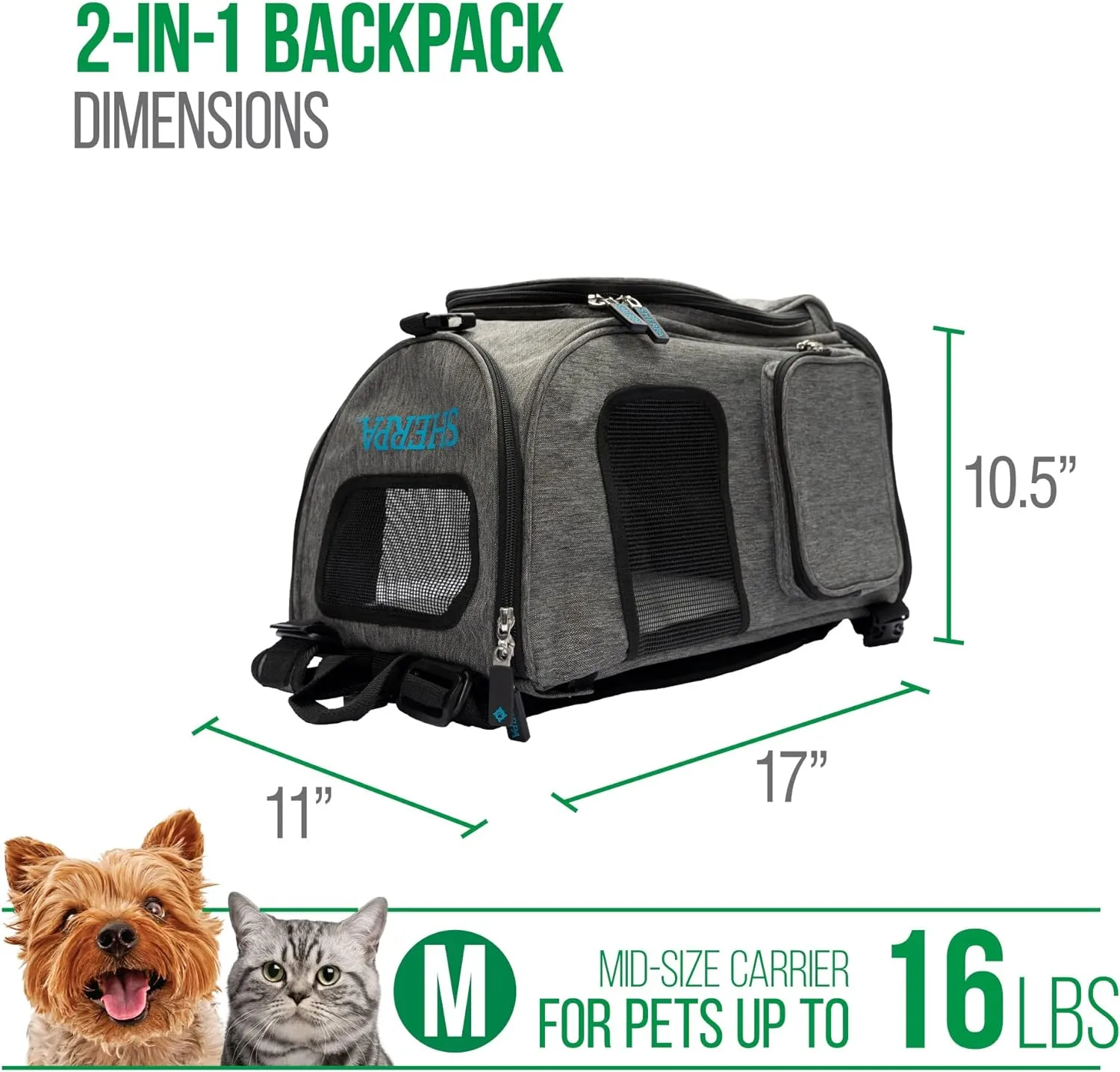 Sherpa 2-in-1 Backpack Travel Pet Carrier, Airline Approved & Guaranteed On Board - Gray, Medium