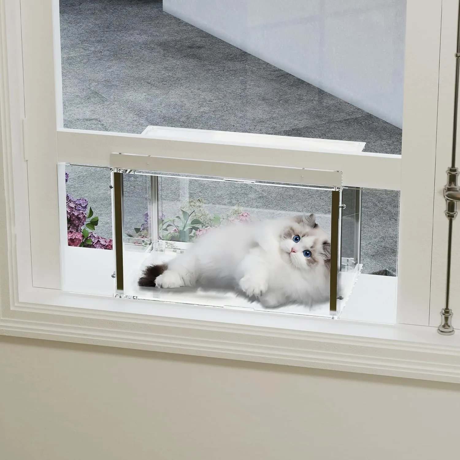 Sumerflos Acrylic Cat Window Perch Catio for Sunbathing, Napping, Overlooking, Eases Anxiety, Save Space, fit Vertical Windows 24" to 34" Wide