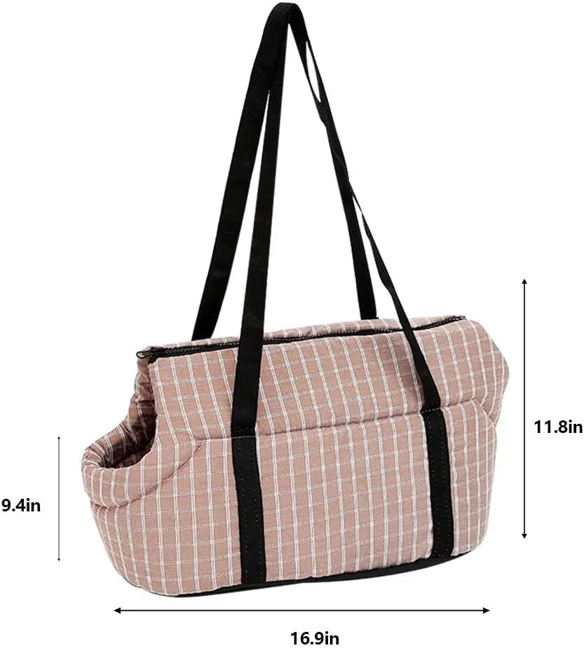 Thickened Warm Pet Sling Carrier Purse Dog Tote Bag Portable Hand-Free Lattice Cats Shoulder Bag with Cushion Strap Zipper for Travel Outdoor Shopping Hiking Walking(Coffee,Big)