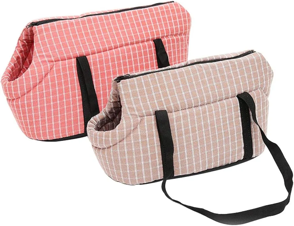 Thickened Warm Pet Sling Carrier Purse Dog Tote Bag Portable Hand-Free Lattice Cats Shoulder Bag with Cushion Strap Zipper for Travel Outdoor Shopping Hiking Walking(Coffee,Big)