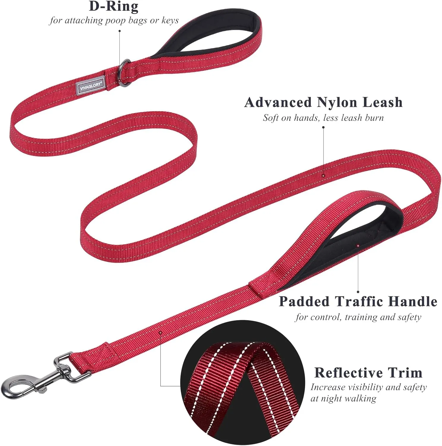 VIVAGLORY Traffic Handle Dog Leash, Two Padded Soft Handles Dog Leash, Strong Reflective & Metal Hook Training Pet Lead, Red