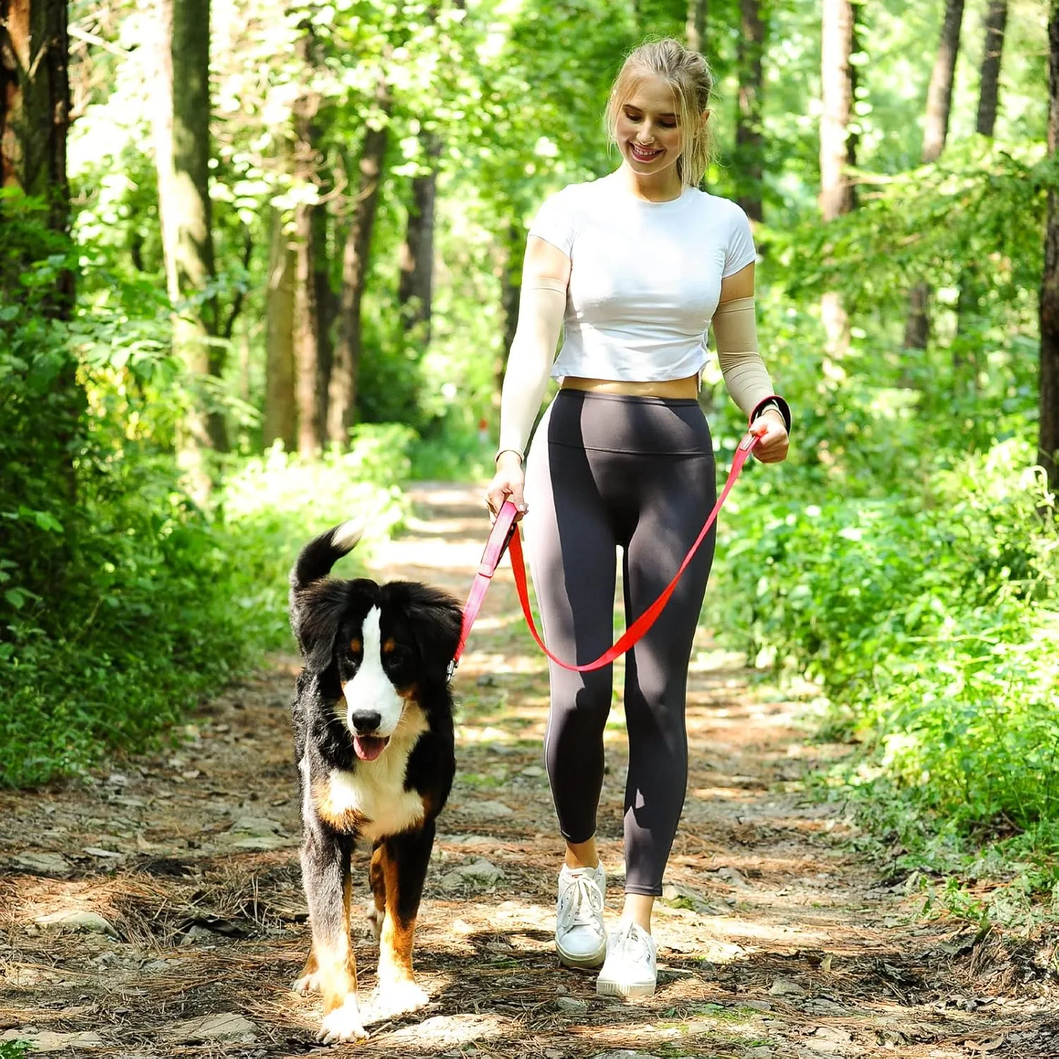 VIVAGLORY Traffic Handle Dog Leash, Two Padded Soft Handles Dog Leash, Strong Reflective & Metal Hook Training Pet Lead, Red