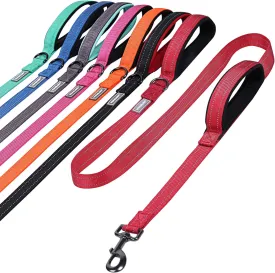 VIVAGLORY Traffic Handle Dog Leash, Two Padded Soft Handles Dog Leash, Strong Reflective & Metal Hook Training Pet Lead, Red