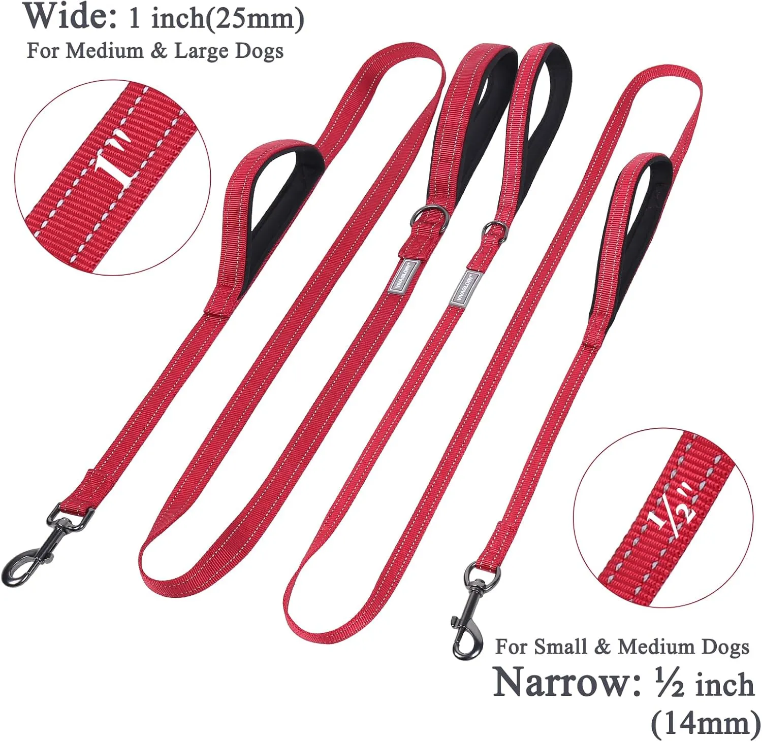 VIVAGLORY Traffic Handle Dog Leash, Two Padded Soft Handles Dog Leash, Strong Reflective & Metal Hook Training Pet Lead, Red