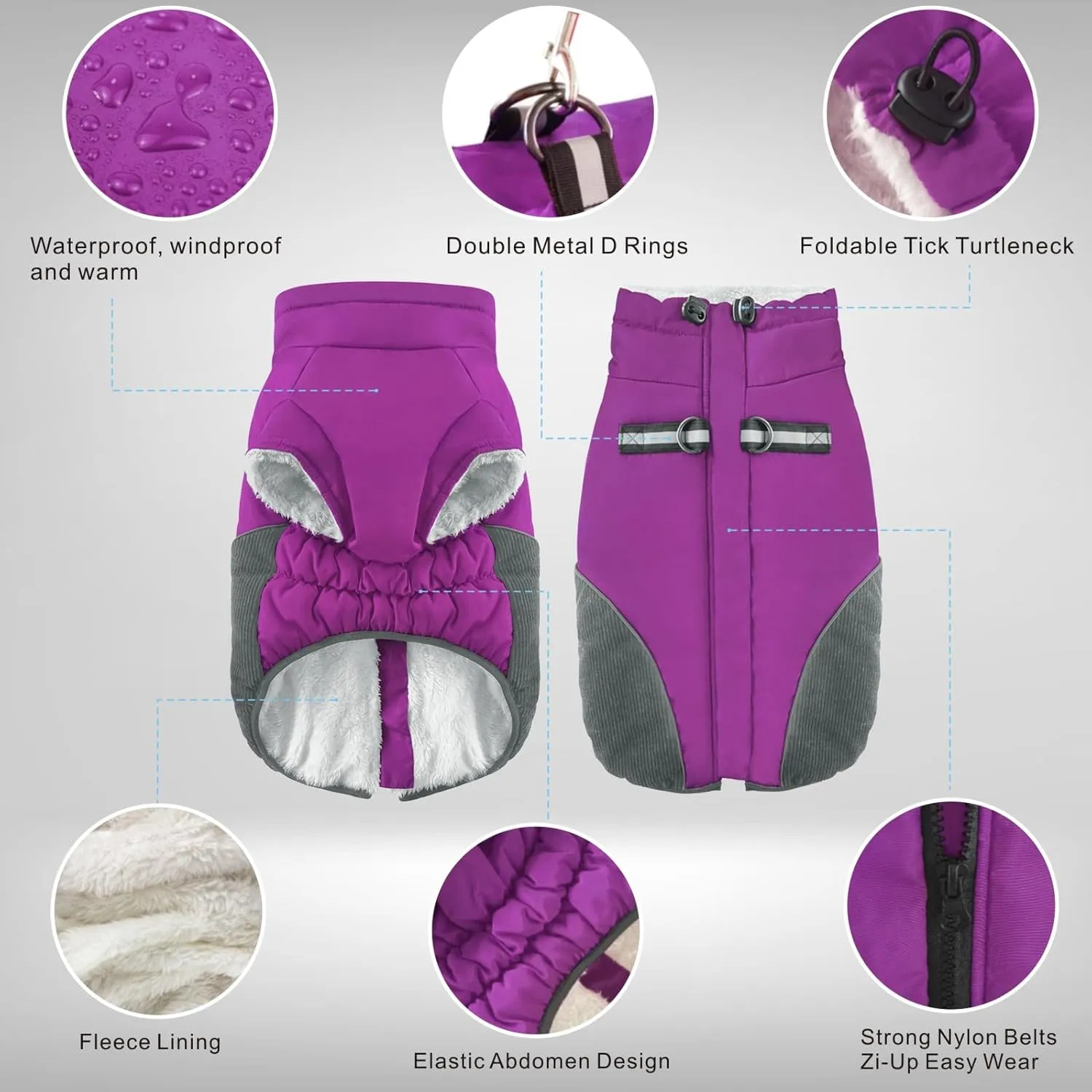 Winter Coat - Dog Jacket with Fleece Lined Warmth, Windproof & Reflective Turtleneck, Purple, Small to Large Sizes