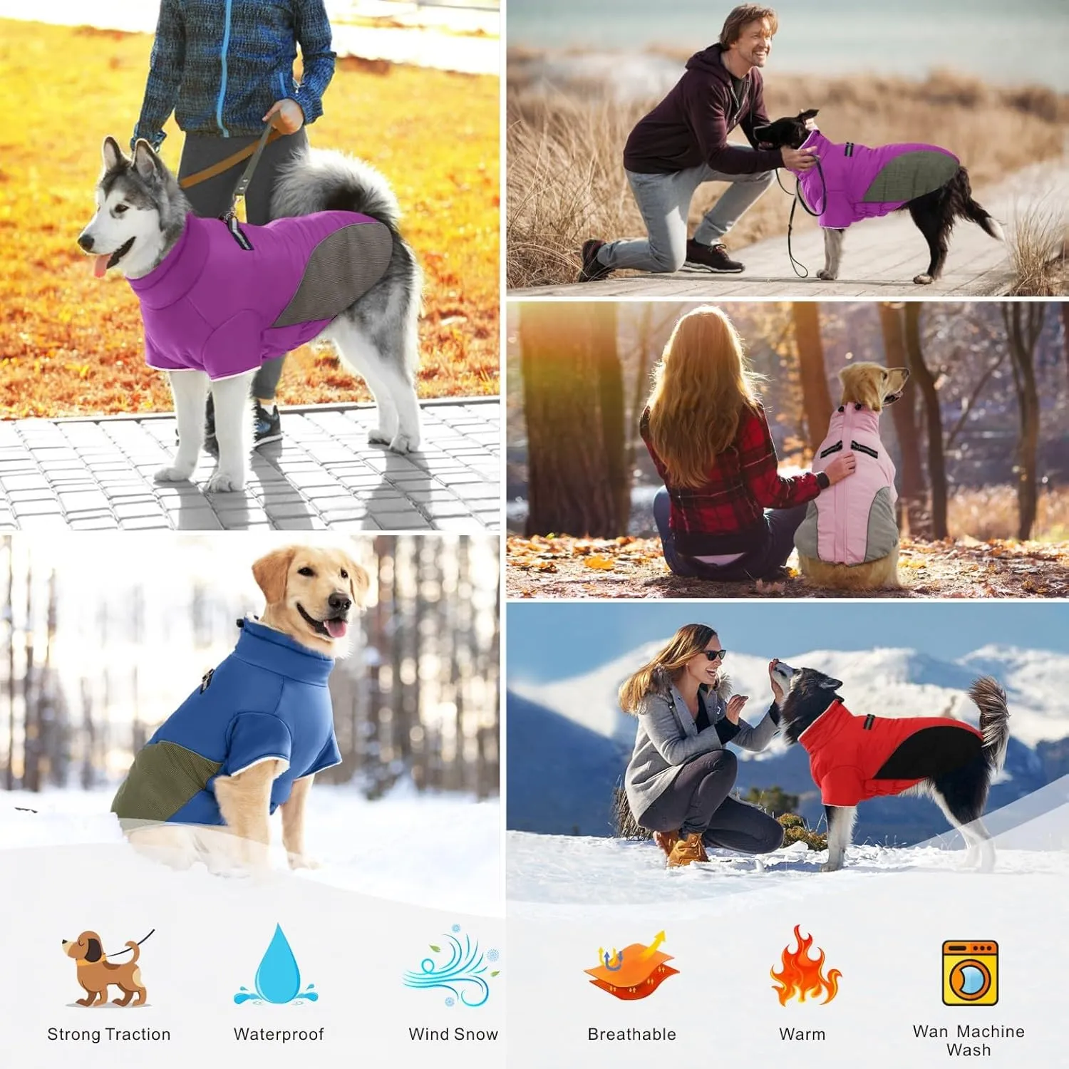 Winter Coat - Dog Jacket with Fleece Lined Warmth, Windproof & Reflective Turtleneck, Purple, Small to Large Sizes