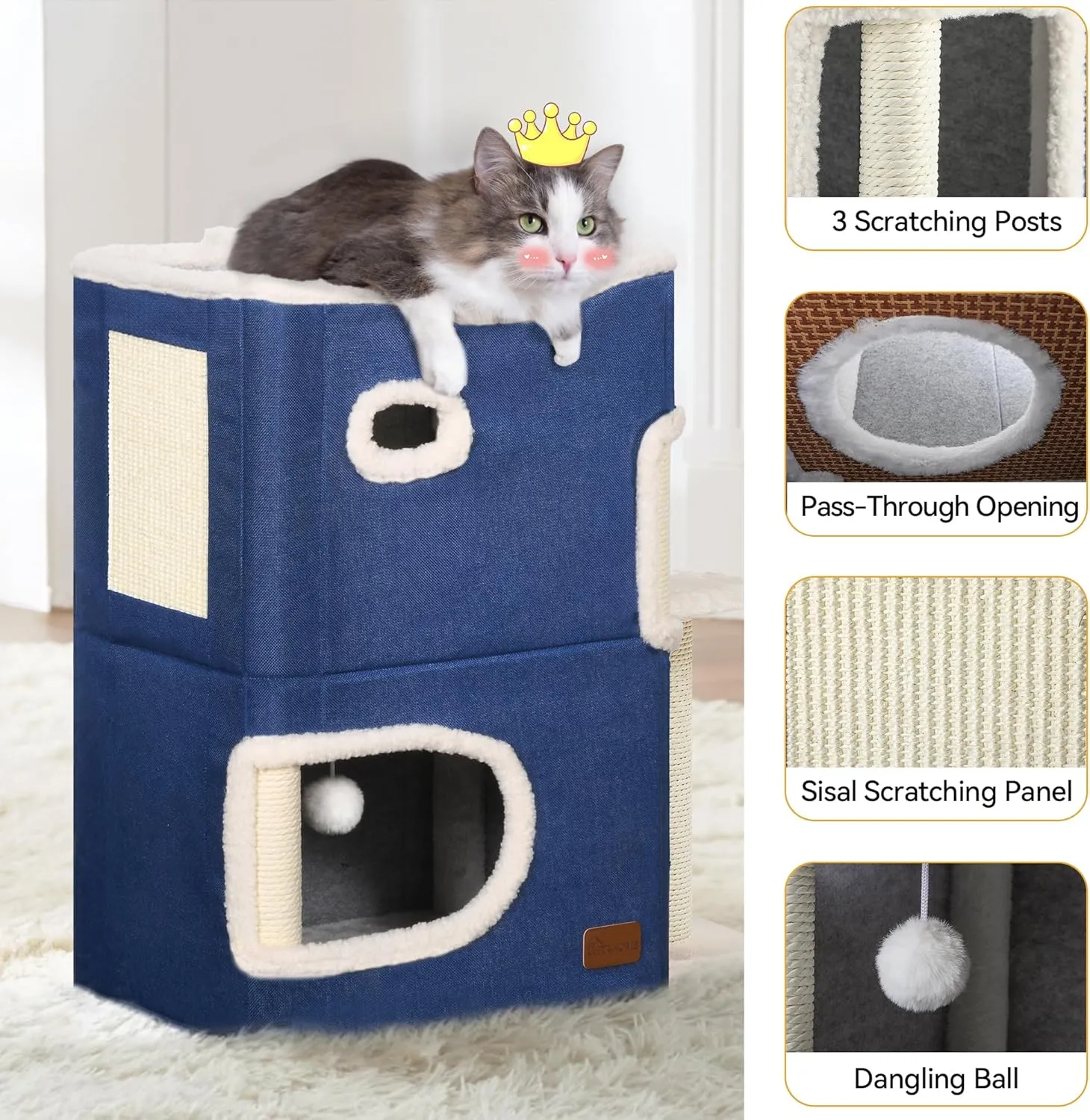 YITAHOME 2-Tier Cat House: Indoor Cat Cave Bed Playhouse, Covered Cat Beds & Furniture with Scratch Pad and Hideaway Cave, Cute Modern Cat Condo Furniture for Multi Small Cats, Blue